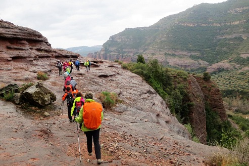 Excursionistes en filera caminant